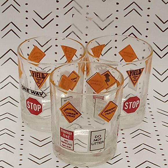 Anchor Hocking Other - Barware Traffic Roadway Street Signs Drinking GLASSES 8 OZ 3.5" Set of 3 MCM